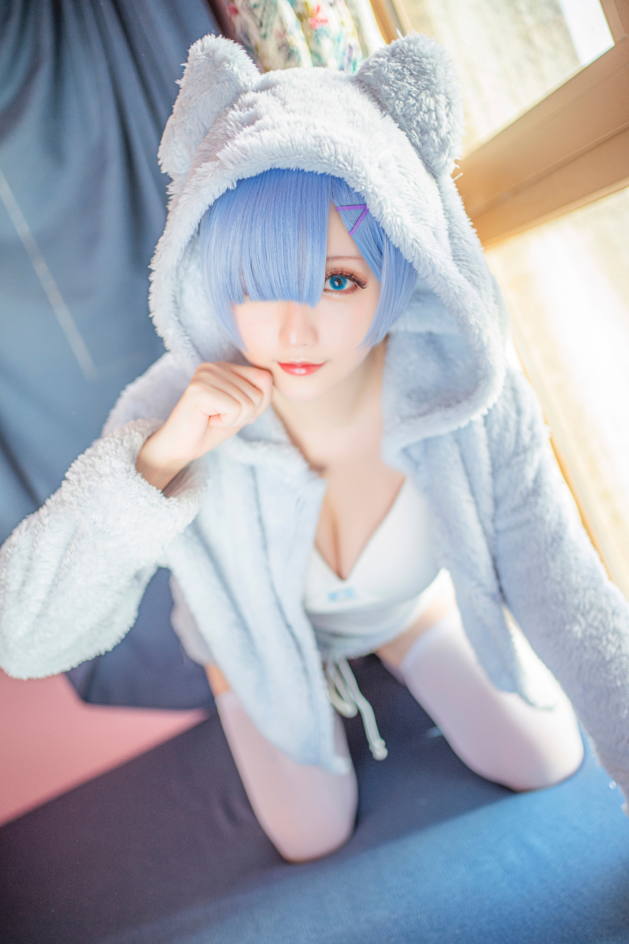 星之迟迟 气质美女蕾姆猫娘睡衣Cosplay 猫耳衣蓝色短发妹子白色丝袜美腿诱惑写真