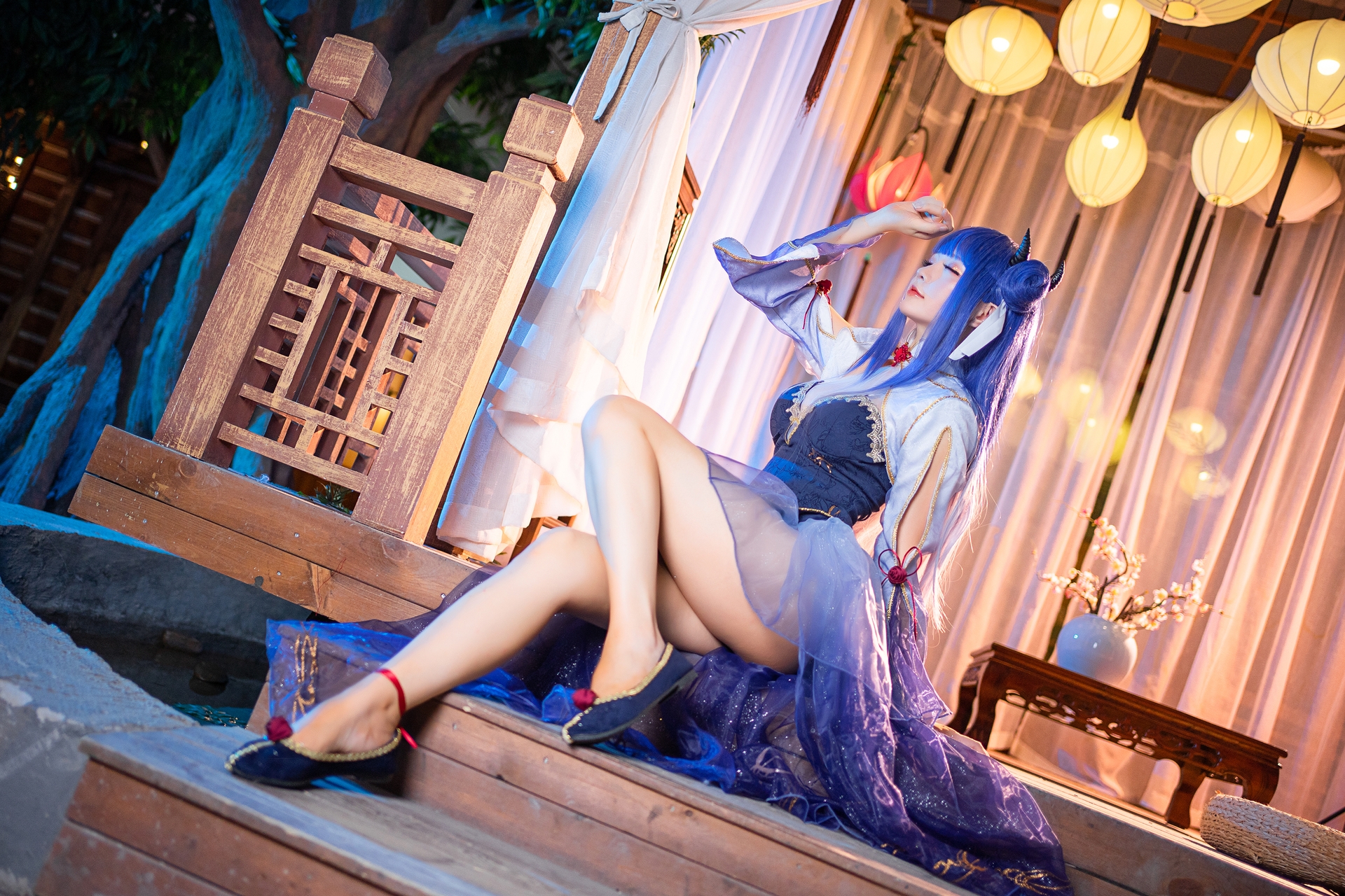 星之迟迟唯美清新美少女伊吹Cosplay 气质妹子古风紫纱旗袍写真照