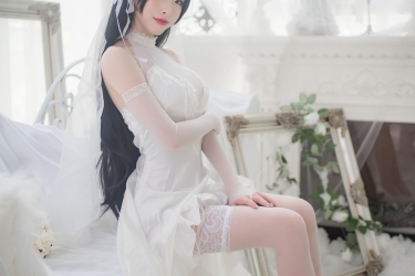 气质妹子清水由乃爱宕婚纱Cosplay 唯美清新美少女白色连衣裙黑耳朵白丝婚纱美腿诱惑美女图