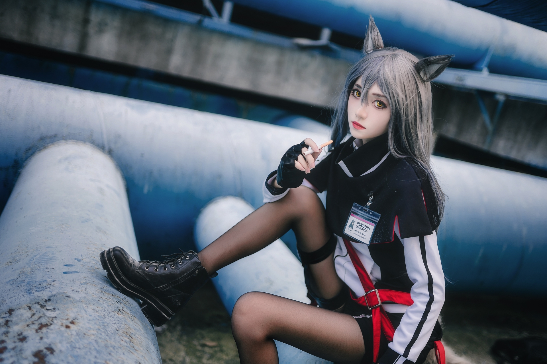 南桃Momoko唯美清新美少女得克萨斯常服Cosplay 气质妹子银发耳朵黑色丝袜宅男女神美腿控