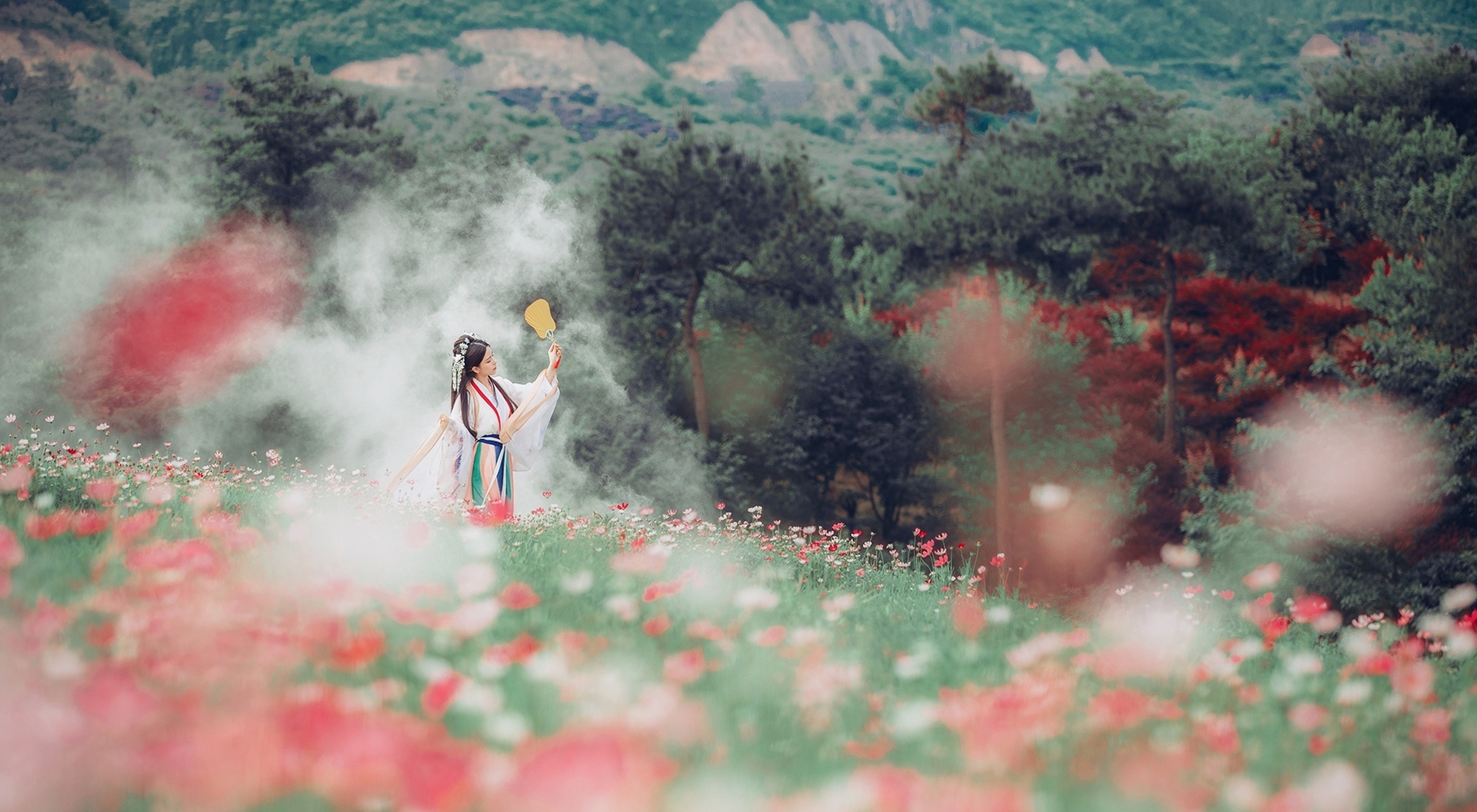 唯美清新美少女万锦其良辰美景愿与你共赏美女图 气质妹子古风汉服文化白衣长发花海写真照