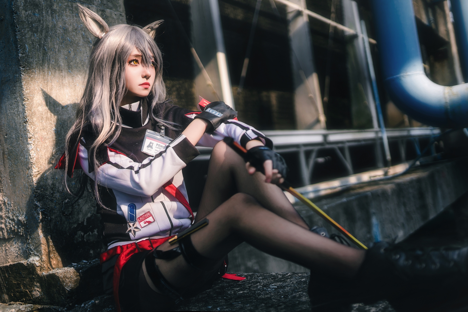 南桃Momoko唯美清新美少女得克萨斯常服Cosplay 气质妹子银发耳朵黑色丝袜宅男女神美腿控