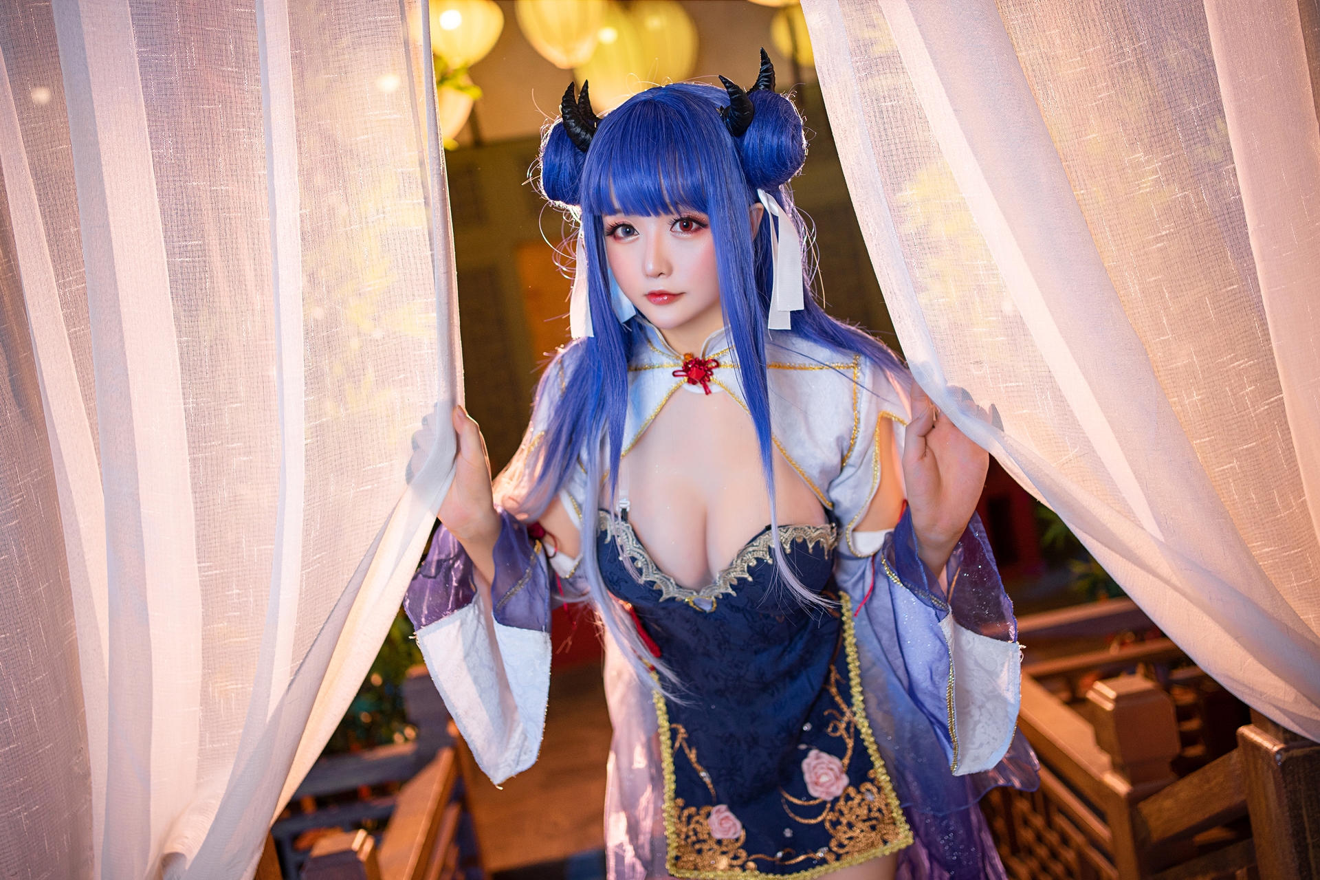 星之迟迟唯美清新美少女伊吹Cosplay 气质妹子古风紫纱旗袍写真照