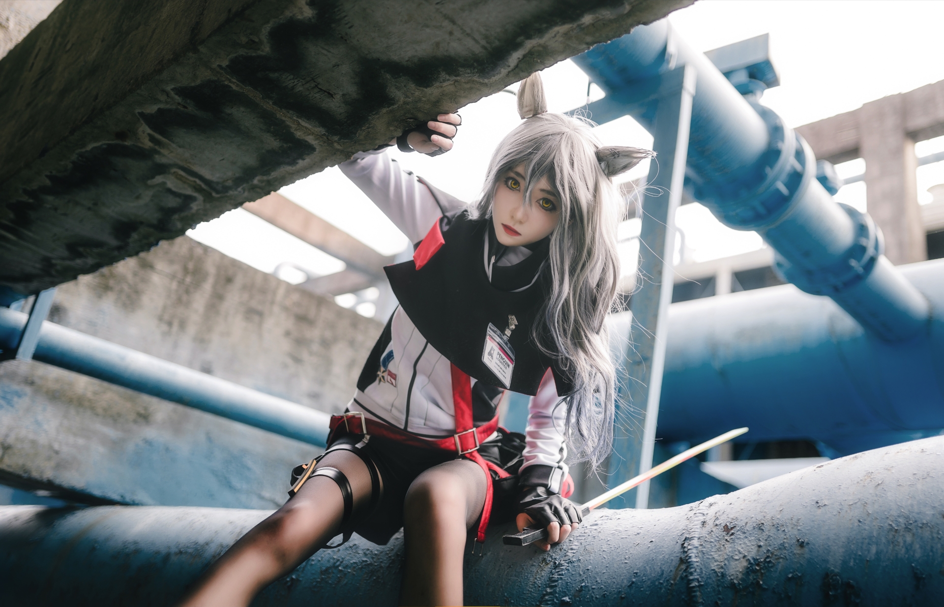 南桃Momoko唯美清新美少女得克萨斯常服Cosplay 气质妹子银发耳朵黑色丝袜宅男女神美腿控