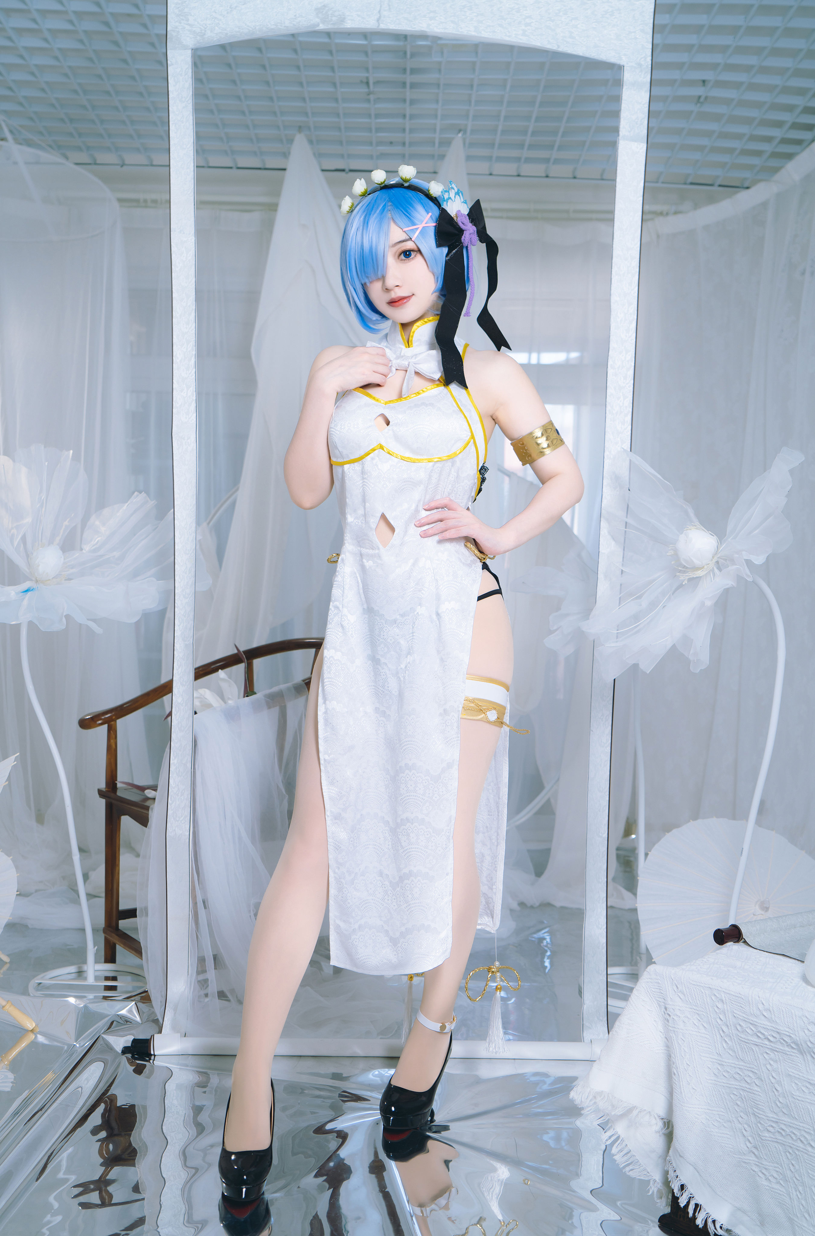 蕾姆白色旗袍 二次元 Cosplay 旗袍 美少女 写真