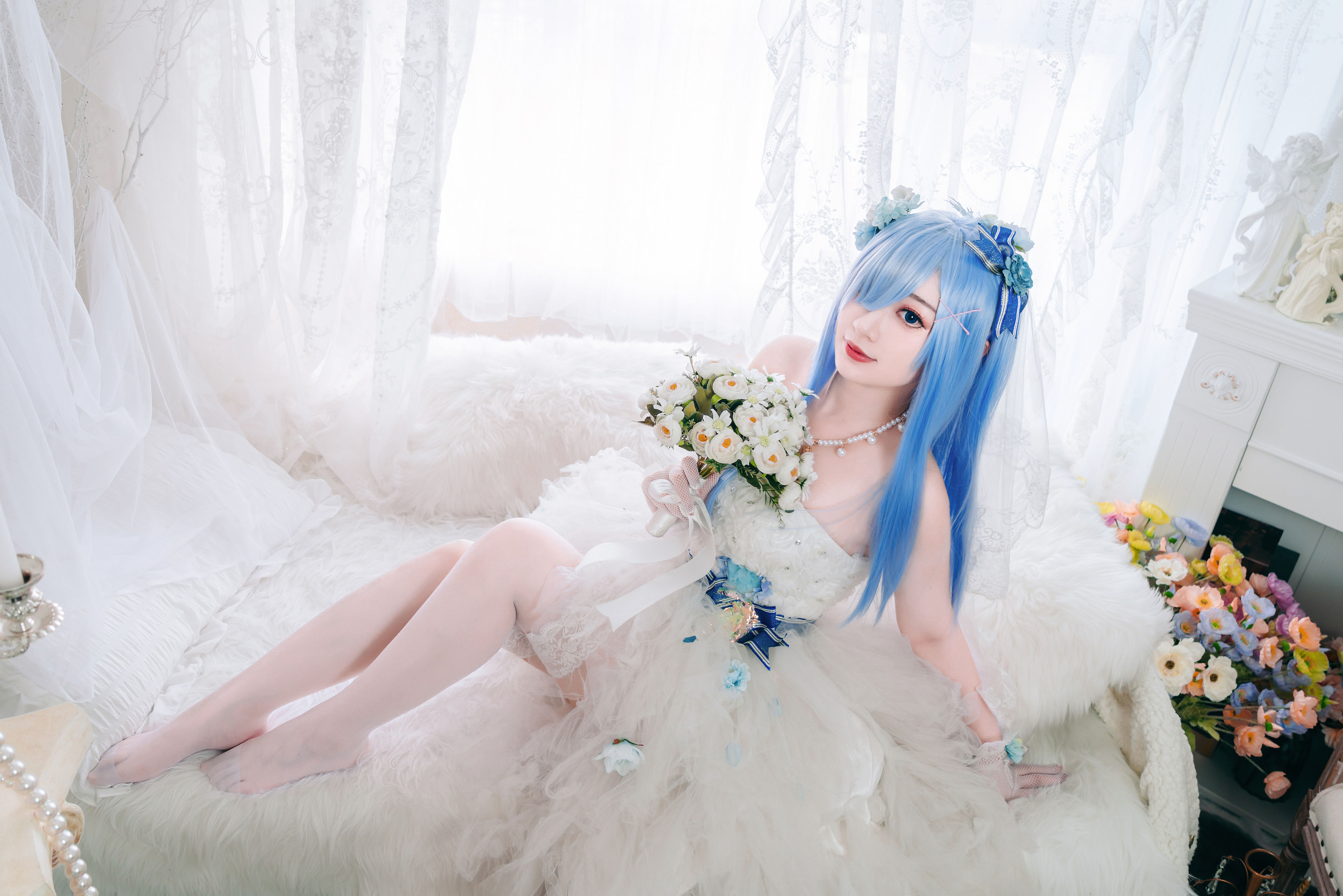 长发蕾姆花嫁 二次元 Cosplay 婚纱 写真 美少女