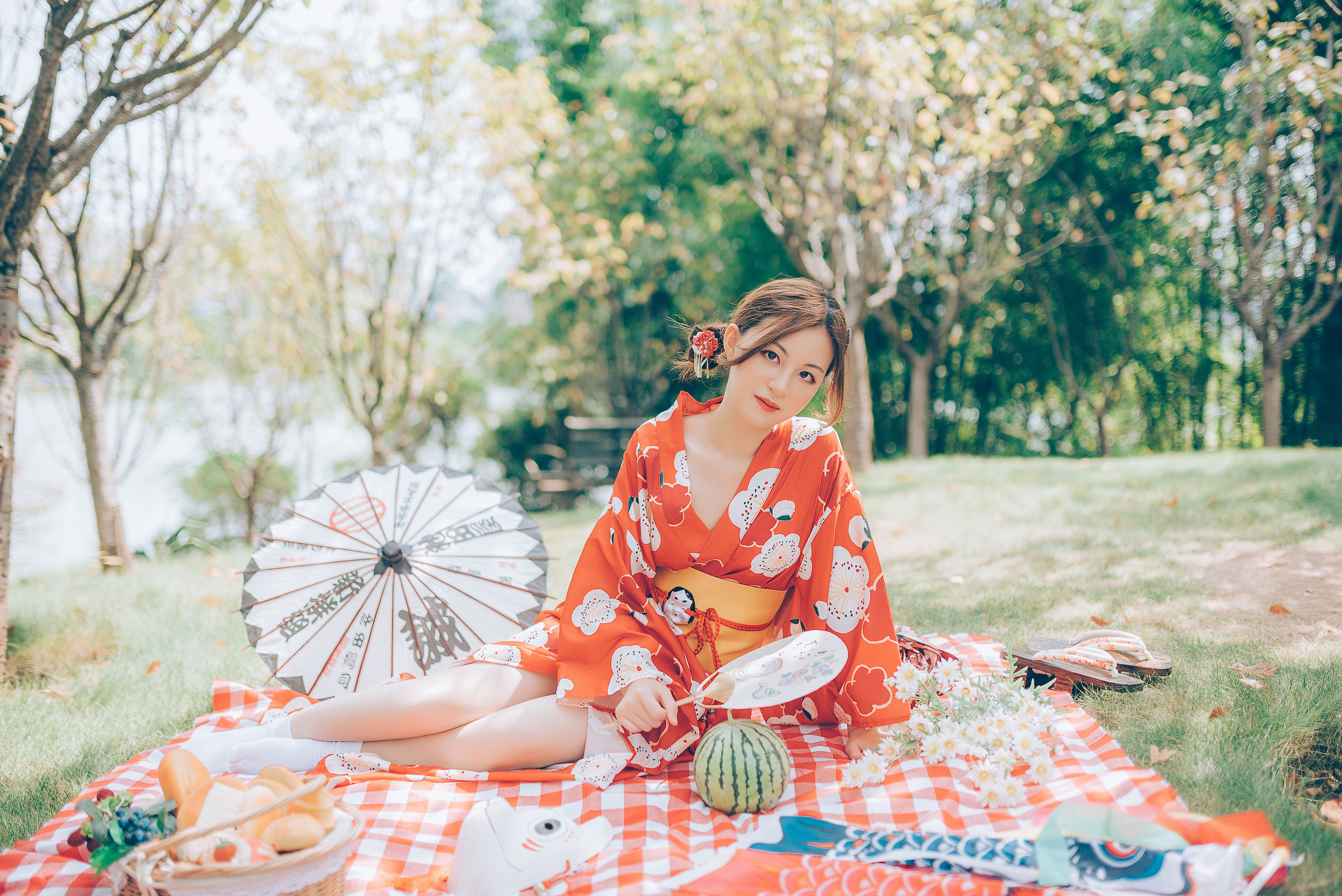 夏日野餐 夏日 日系 和服 少女 色彩