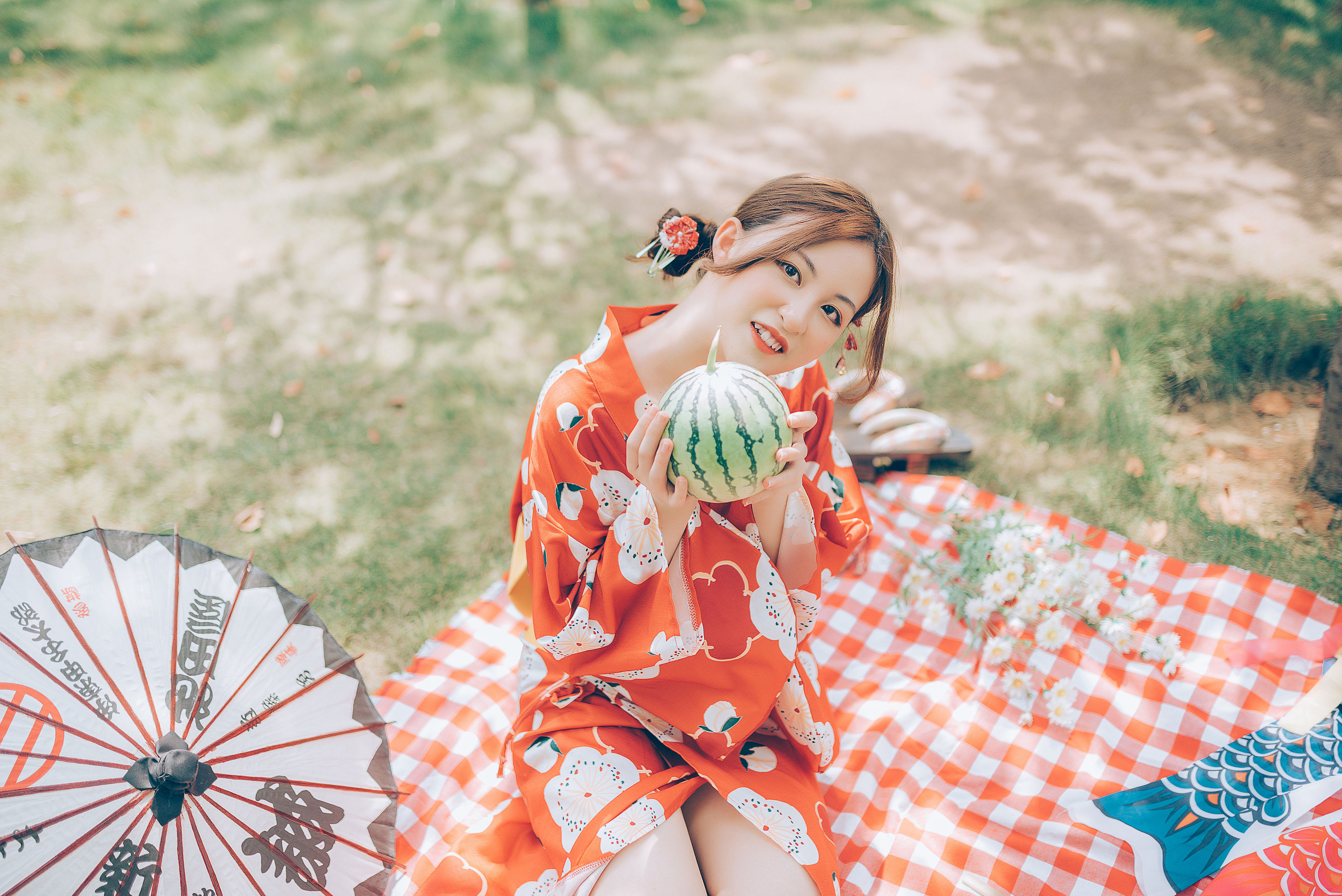 夏日野餐 夏日 日系 和服 少女 色彩