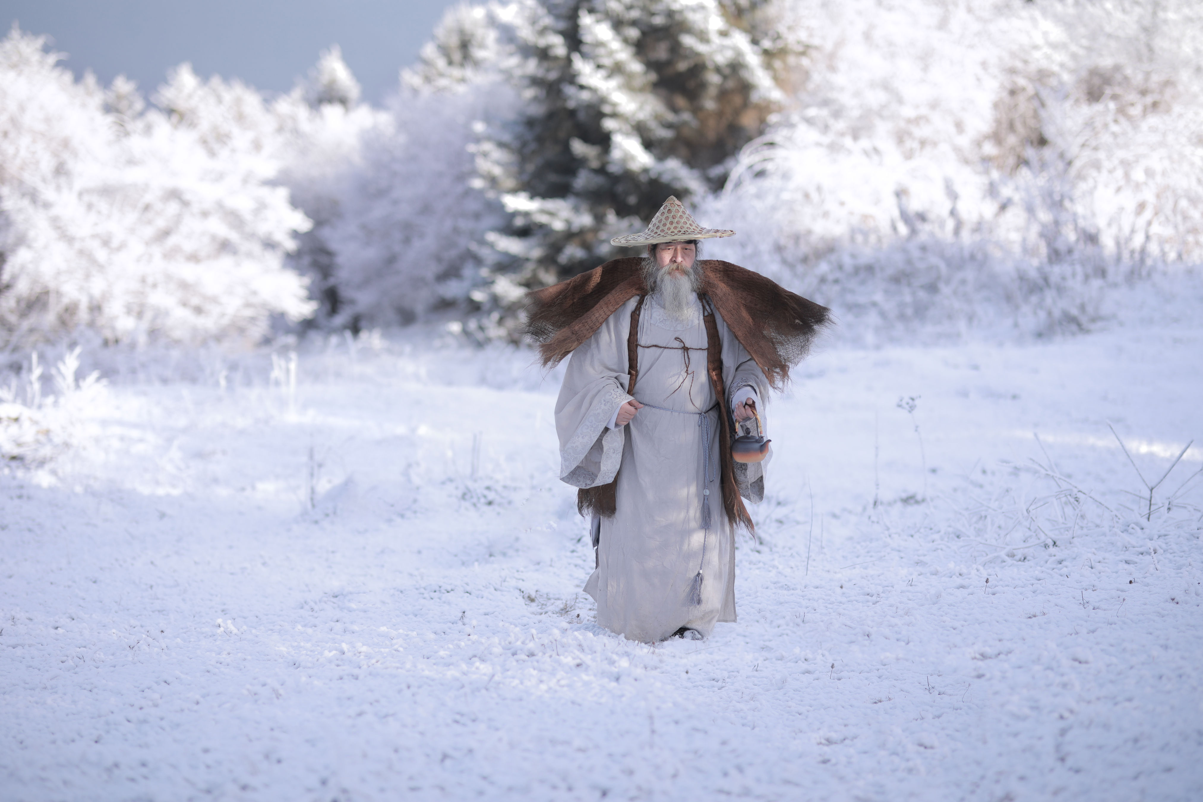 风雪漫途映孤影，夜归人踏月归乡路。